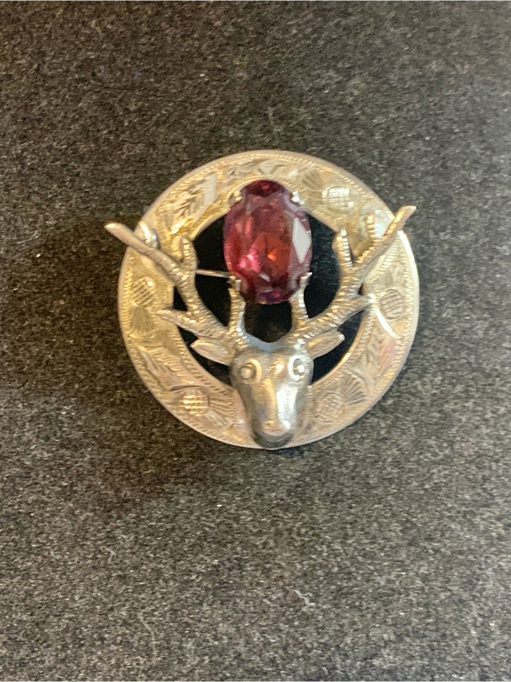 Vintage Stag Brooch with Deep Purple Faceted Stone